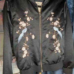 Ci Sono Black Bomber Jacket with Floral Embroidery